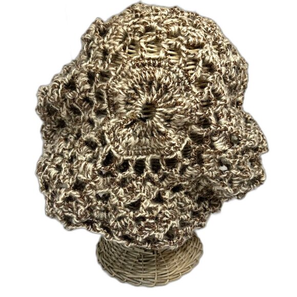 New Handmade Crochet Slouchy Beret Hat Tan Metallic Brown Boho Unisex - Picture 4 of 8